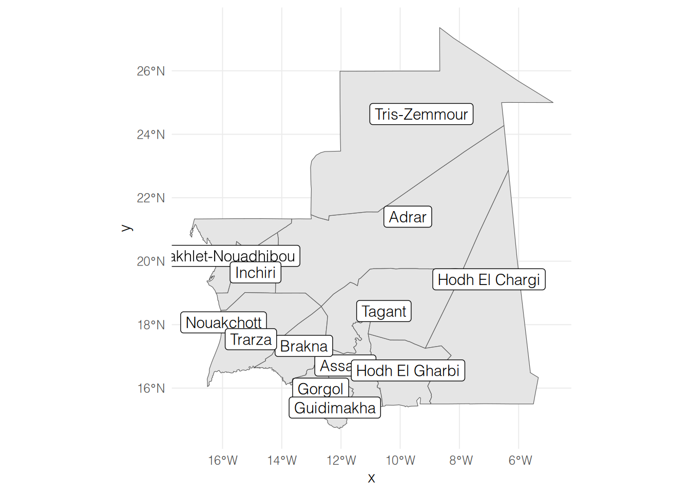 A map of Mauritania regions with their labels in English