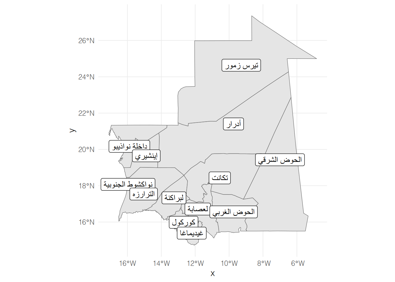 A map of Mauritania regions with their labels in Arabic