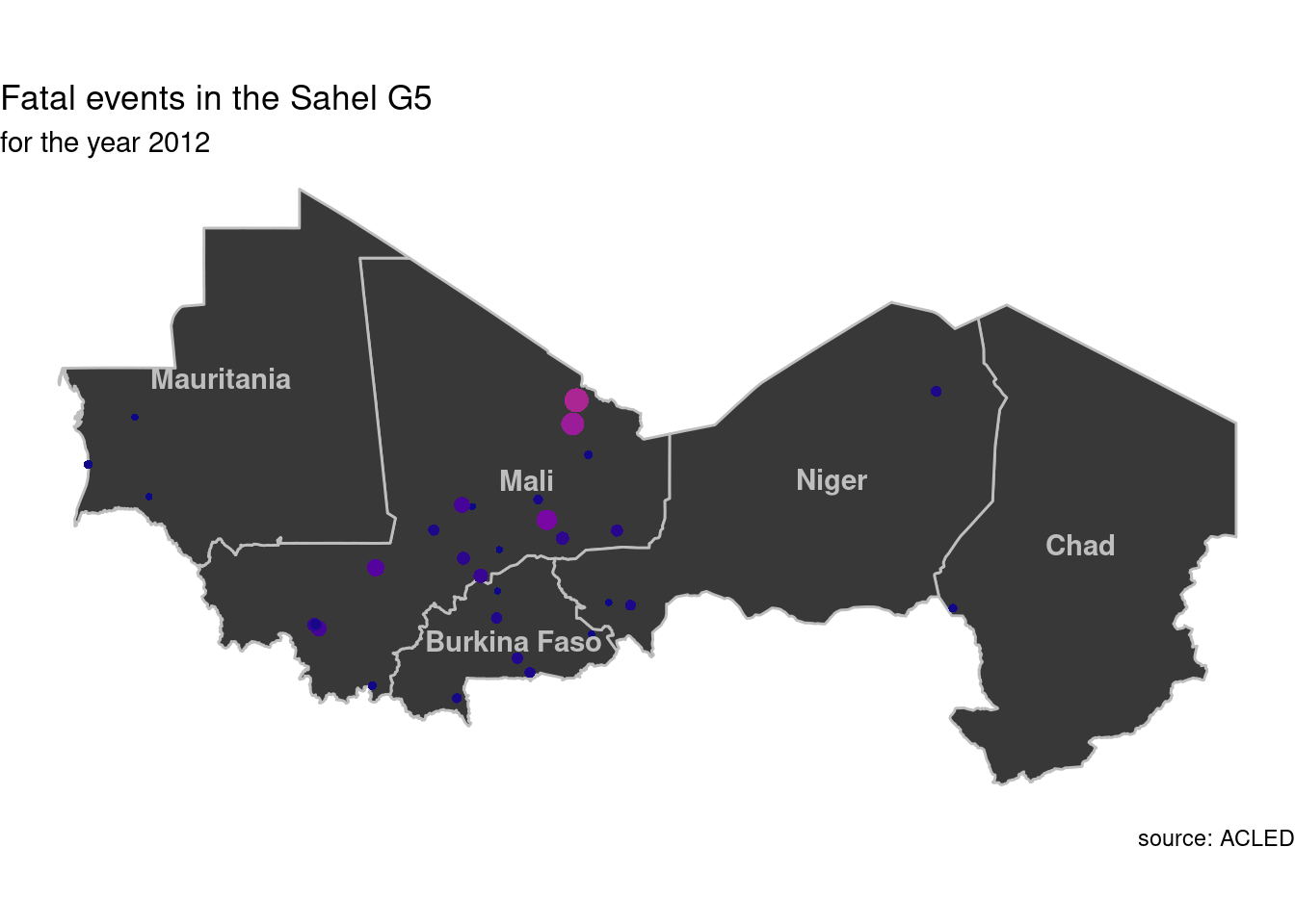 A map of sahel countries with the number of violent events animated between 2012 and 2018.