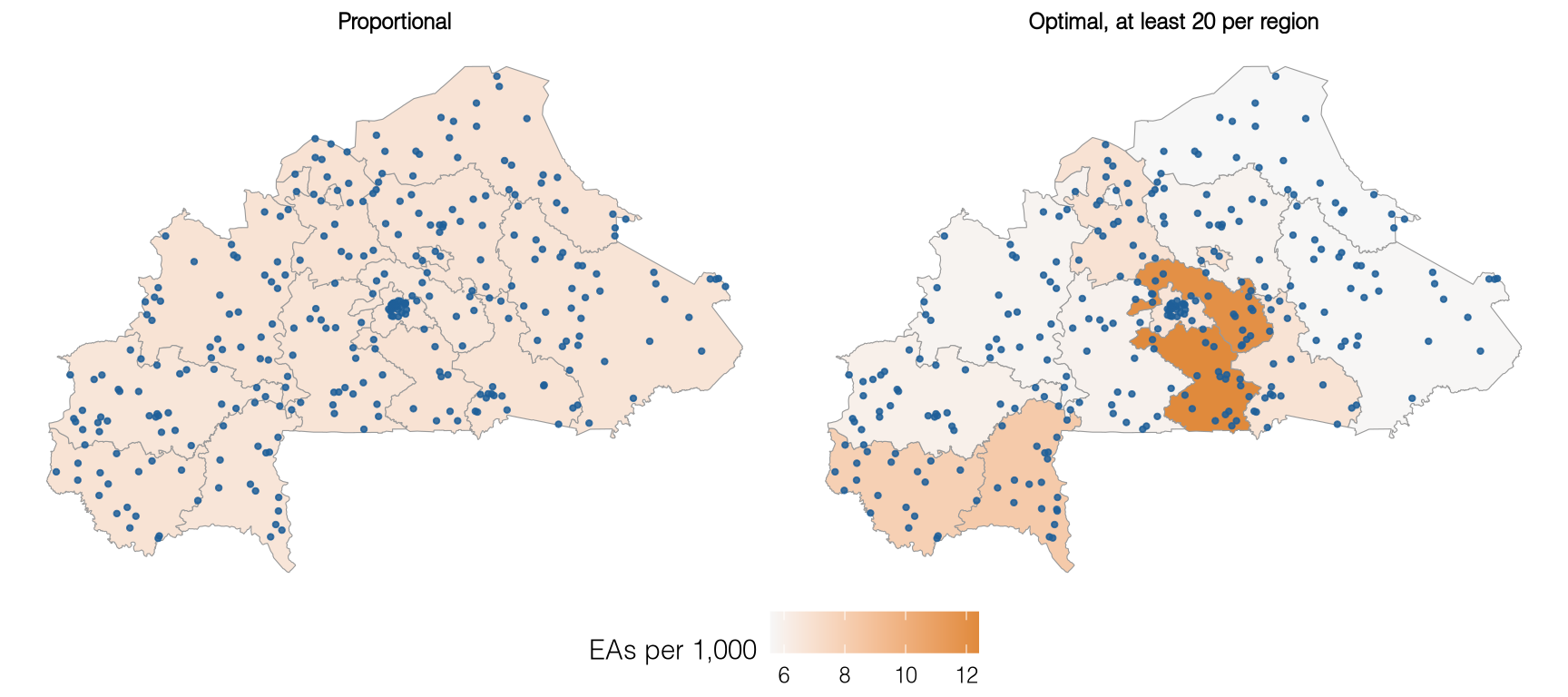 Two maps of Burkina Faso by region. Under proportional allocation every region has the same light shading and the selected EAs follow the density of EAs. Under optimal allocation with a floor of 20, the four smallest regions are shaded darker and the large regions lighter.